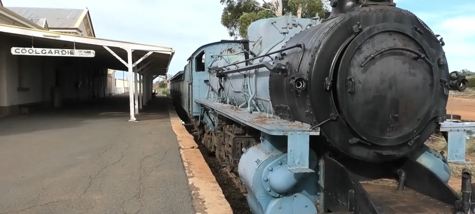 Coolgardie Historic Railway Station platform with preserved train